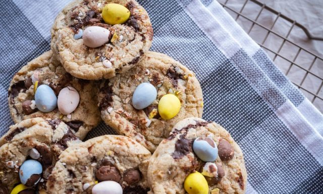 This may be the best cookie ever baked, but you should be the judge of that. Mini chocolate easter eggs on a classic chocolate pecan cookie... come get them before they're gone!