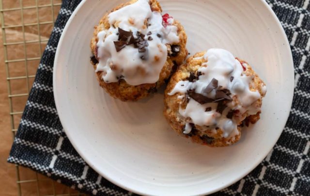 A new scone for Christmas 2025! The Black Forest Scone features classic Black Forest flavours of cherry and chocolate. Our tried-and-true scone recipe gets a double dose of cherries, with both glazed red cherries and sour cherries, plus dark chocolate chunks for an extra sweet finish.

Baked fresh daily until December 24th!